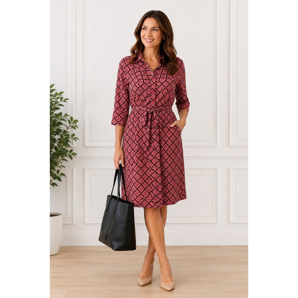 Laundry Shelli Segal Shirt Dress Women 12 Pink Geometric Belted Workwear PTO Mom